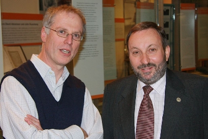 Prof David Abramson (left) and Prof John Rosenberg (right) at the display opening at Monash Museum of Computing Museum. Photo: Chris Avram
