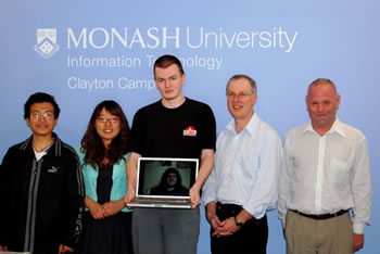 Hoang Nguyen, Li Guanghua, Nicholas Barnes, Peter Serwylo (pictured on laptop screen), Prof. David Abramson and Dr. Ronald Pose